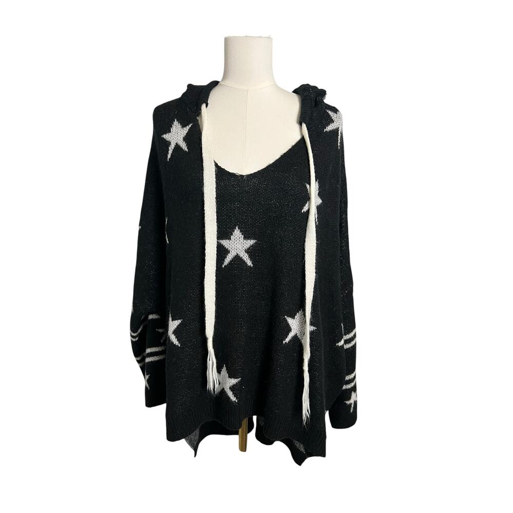 POL Black White Star Hooded Oversized Sweater Hooded Tunic Size Small Boho Indie - Picture 3 of 8